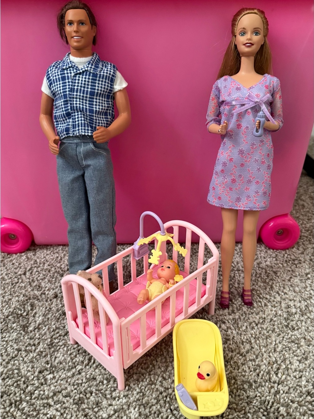 Vintage Barbie Happy Family Midge & Allan Dolls with Baby, Crib, and Bathtub Lot